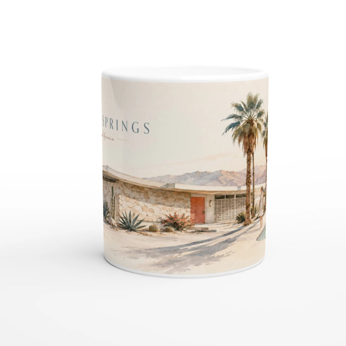 Keramiktasse mit nostalgischer Palm Springs California Illustration als besonderes Geschenk für Fans von Kalifornien, Reisen, Architektur und Mid-Century-Design