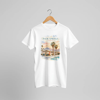 Grafisches T-Shirt-Motiv mit Pool und Palmen, inspiriert vom sonnigen Palm Springs in Kalifornien. Ein lässiger Retro-Look für Urlaubserinnerungen und den Alltag.