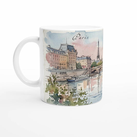 Paris Tasse 330 ml mit Eiffelturm, Seine, historischer Steinbrücke und Pariser Häuserzeilen im luftigen Aquarellstil
