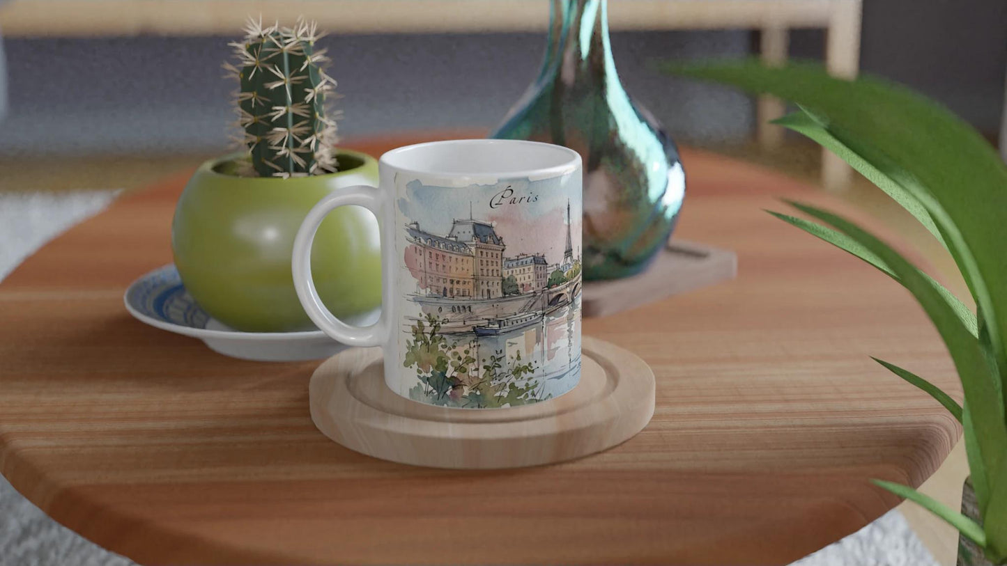 Paris Tasse mit französischer Architektur, Eiffelturm, Flusspromenade und fein gezeichnetem urbanem Aquarellmotiv