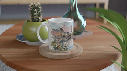 Paris Tasse mit französischer Architektur, Eiffelturm, Flusspromenade und fein gezeichnetem urbanem Aquarellmotiv