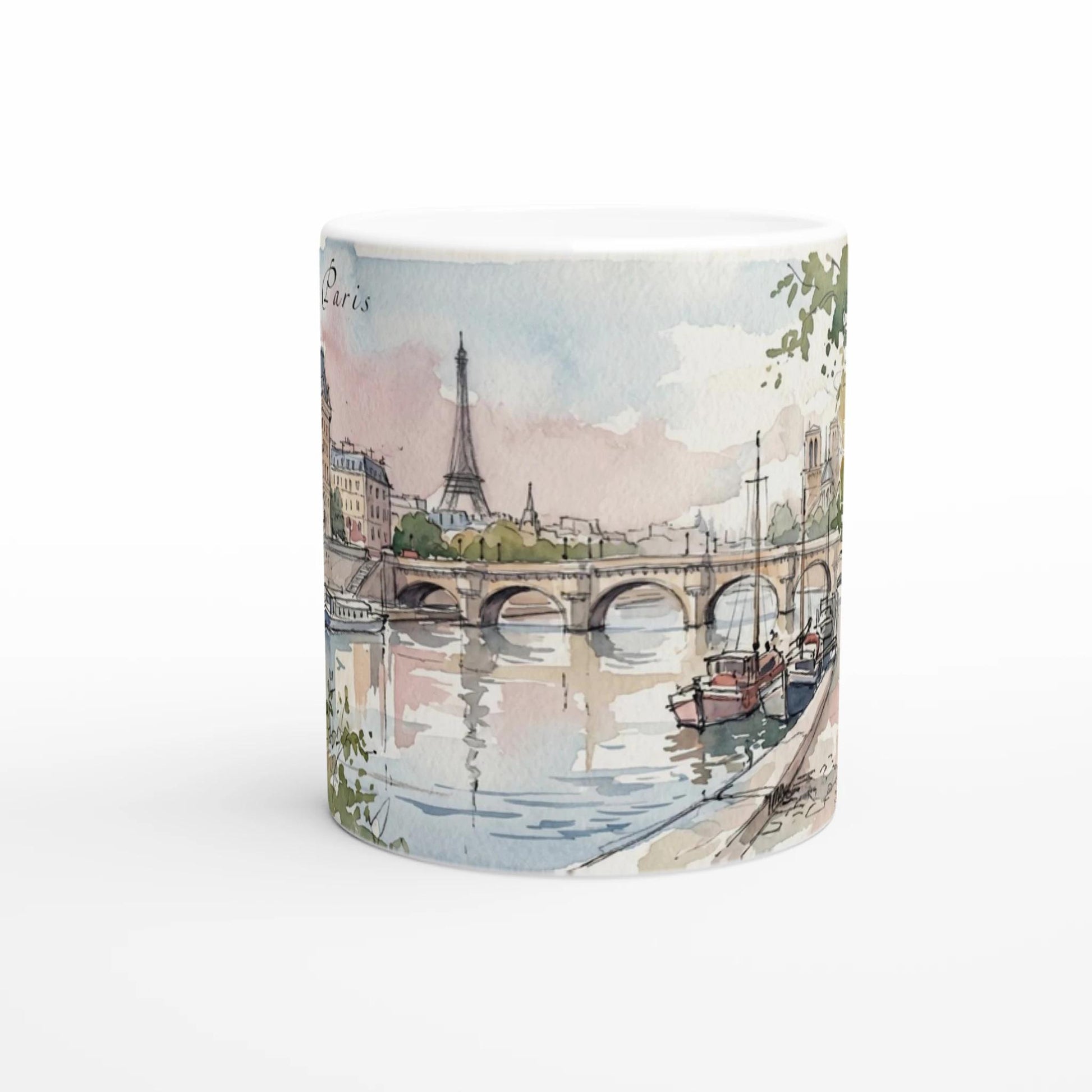 Paris Tassenmotiv mit der Silhouette von Notre-Dame, grünen Bäumen und historischen Gebäuden am Seineufer