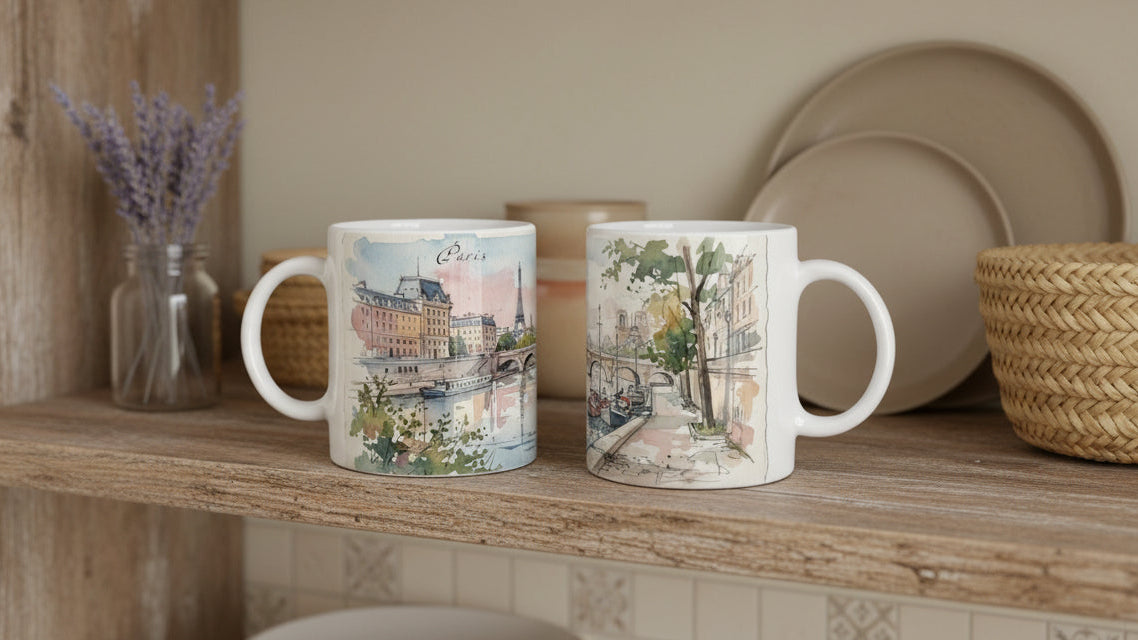 Weiße Keramiktasse mit der Seine, einer historischen Steinbrücke und feinen Spiegelungen im Wasser