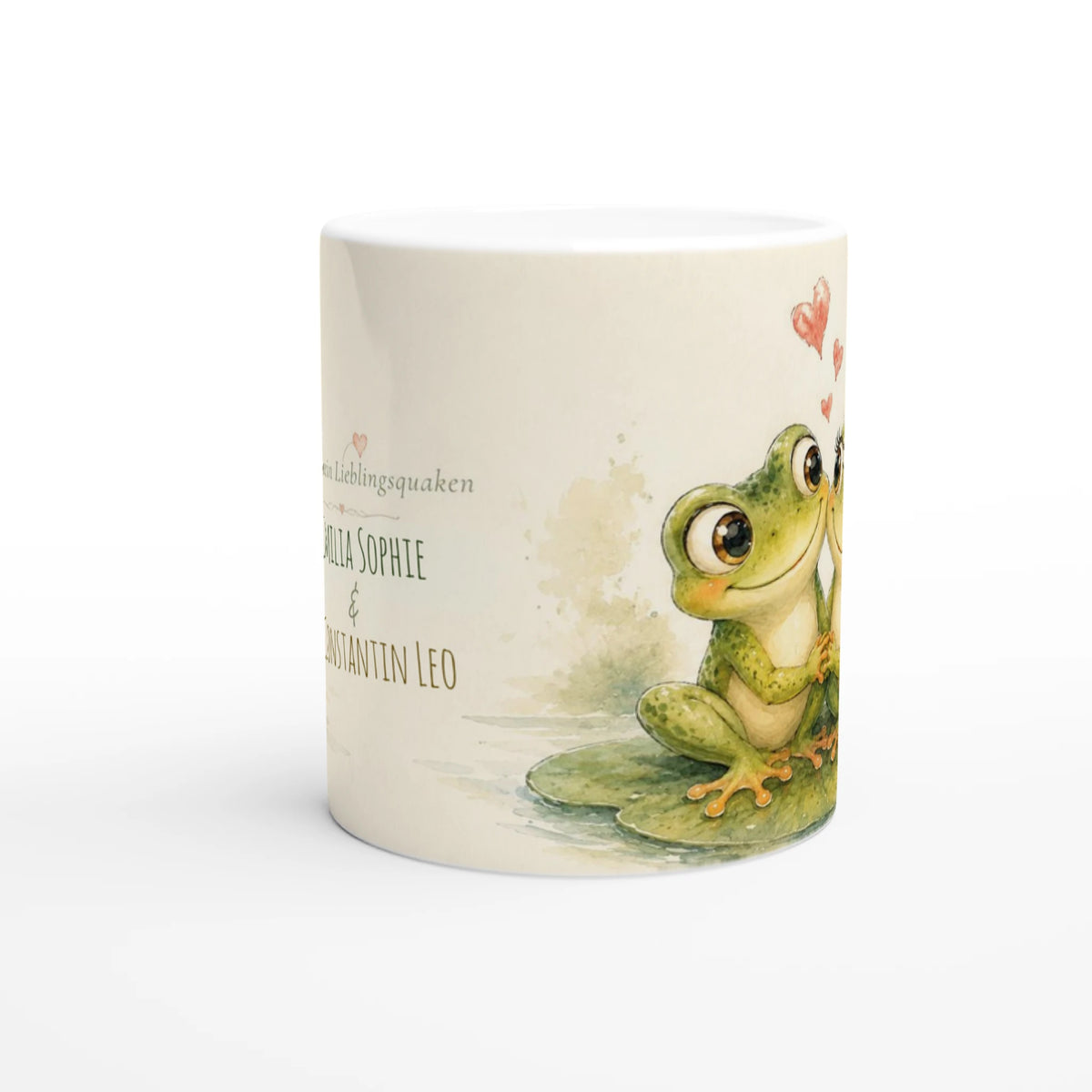 Personalisierte Froschpaar Tasse mit zwei Wunschnamen, romantischem Froschmotiv und Herzen als humorvolle Geschenkidee für Paare.