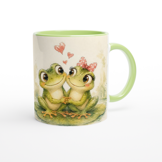 Personalisierte Froschpaar Tasse 330 ml mit dem Spruch Du bist mein Lieblingsquaken und zwei individuell eingesetzten Namen.