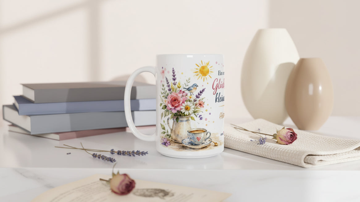 Personalisierte Geburtstagstasse 15 oz mit individuellem Namen und angepasster Alterszahl in einem hellen, wohnlichen Ambiente.