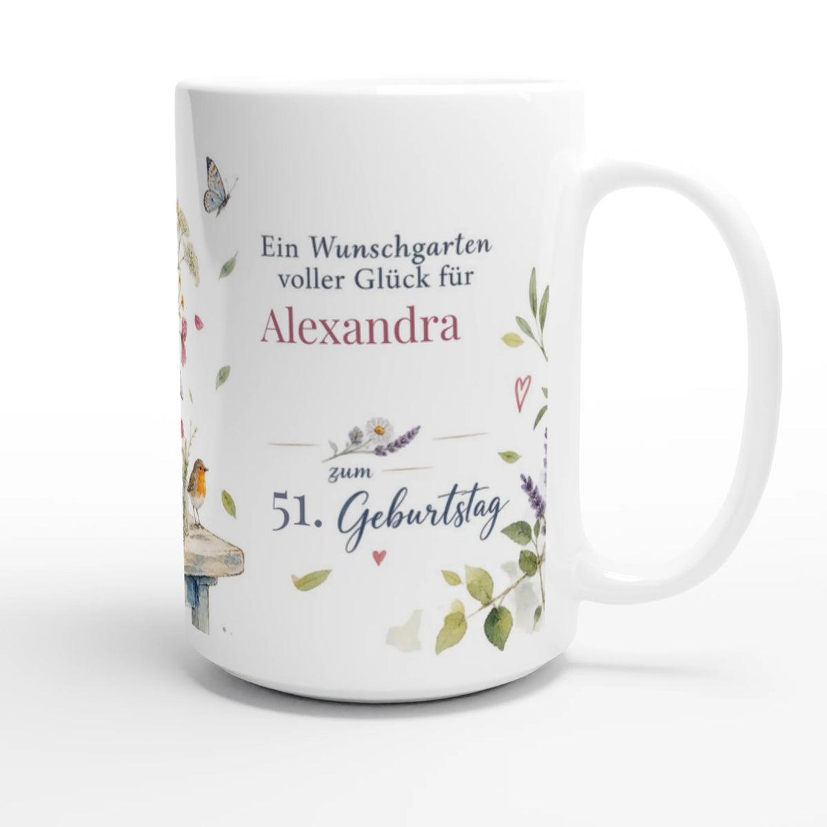 Personalisierte Geburtstagstasse 440 ml mit dem Namen Alexandra, dem Schriftzug Ein Wunschgarten voller Glück und individuell angepasster Alterszahl zum Geburtstag.