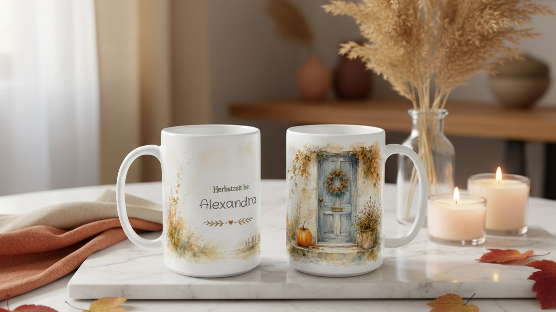 Zwei Ansichten der personalisierten Herbsttasse mit Wunschname und Aquarellmotiv einer alten Haustür mit Herbstkranz, Kürbis, Pflanzen und goldenem Laub.