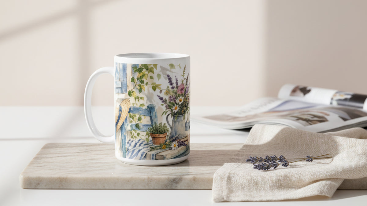 Personalisierte Wunschgarten Geburtstagstasse 440 ml mit individuellem Namen und Alterszahl in einem hellen wohnlichen Ambiente.