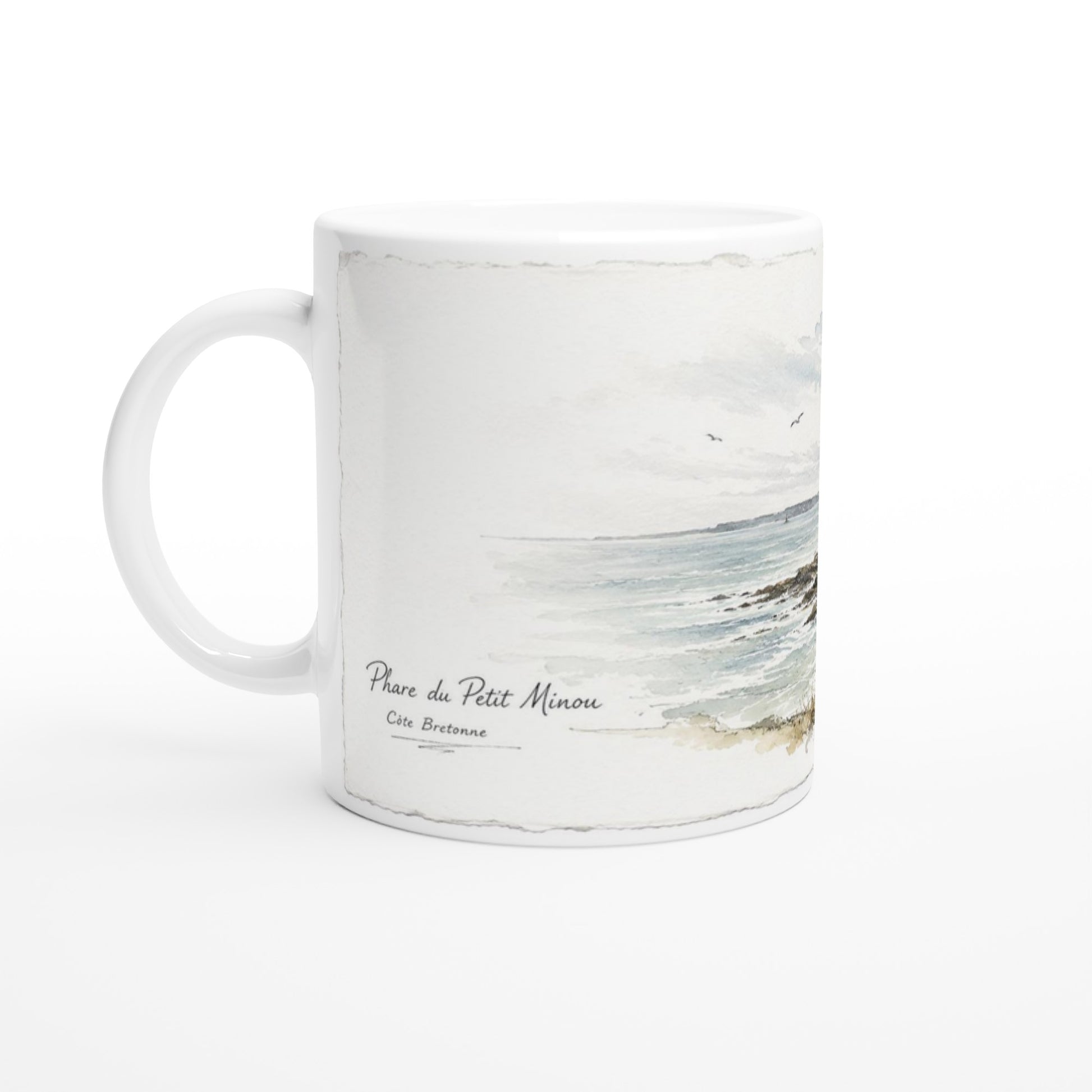 Leuchtturm Tasse im Aquarellstil mit maritimem Motiv aus Frankreich.