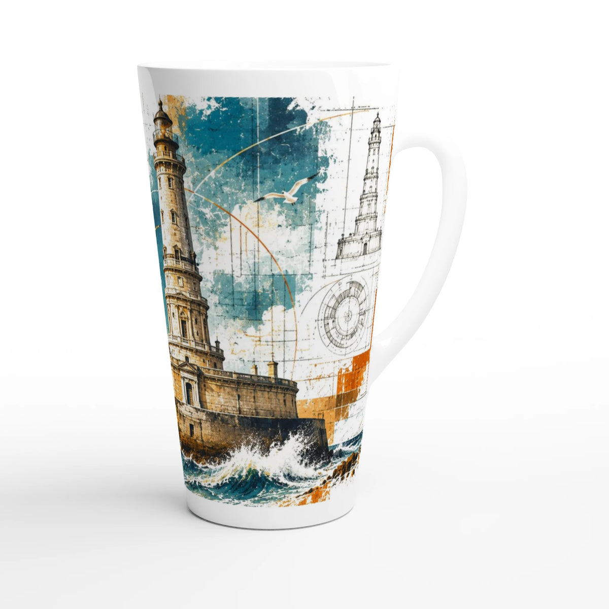 Künstlerisch gestaltetes Motiv des Leuchtturms Phare de Cordouan in Nouvelle-Aquitaine auf einer Latte-Tasse; ein Wahrzeichen des französischen Atlantiks mit Geschichte.