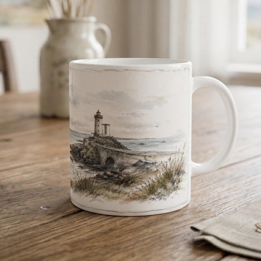 Phare du Petit Minou Tasse mit Bretagne Leuchtturm als feines Aquarellmotiv.