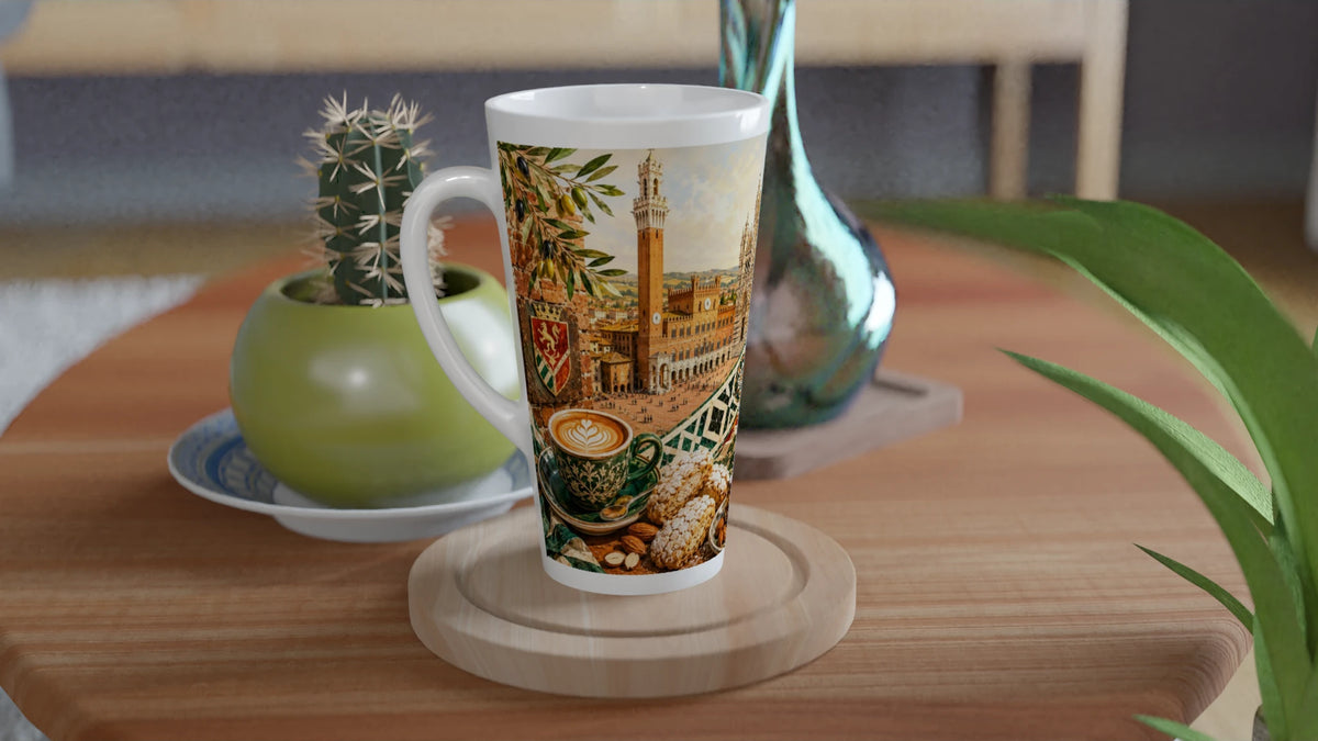 Latte Tasse mit Piazza del Campo, Torre del Mangia und Dom von Siena im italienischen Collagestil