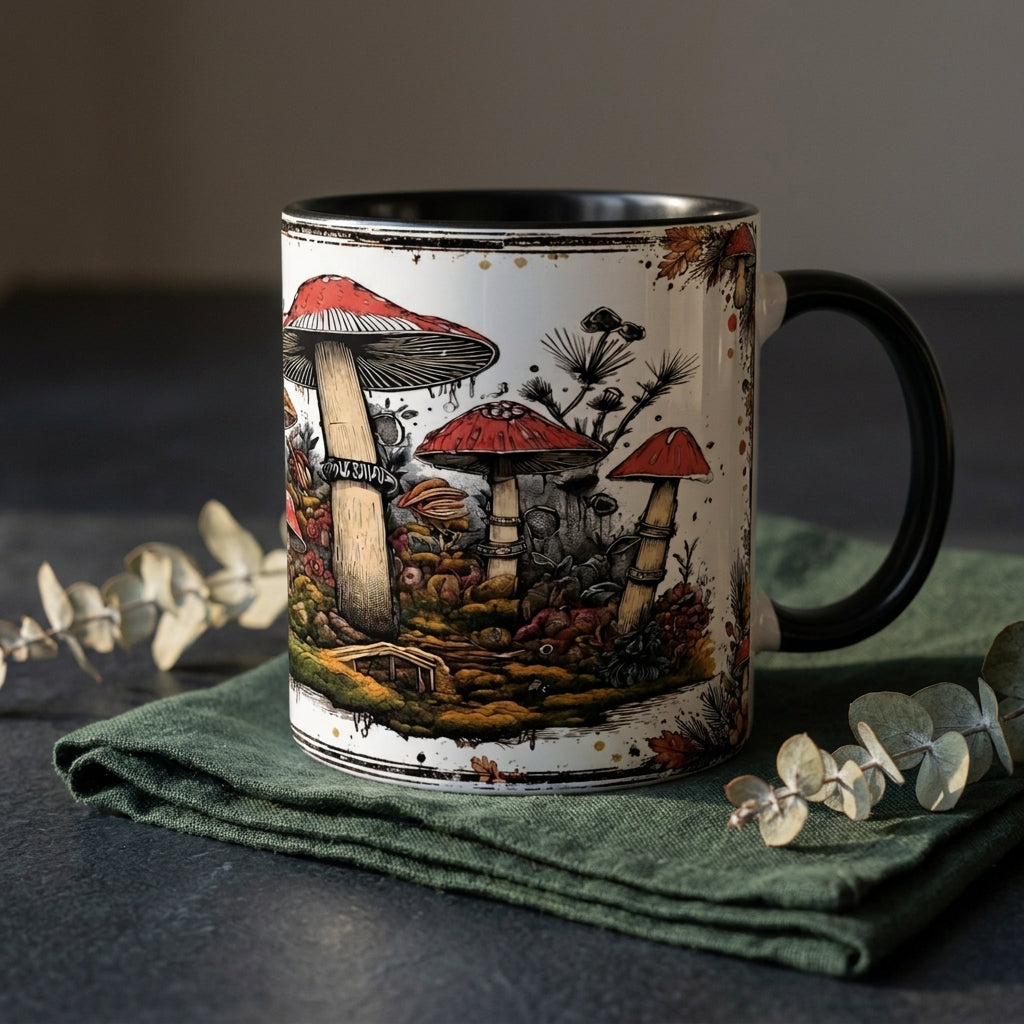 Pilzmotiv auf einer 330-ml-Keramiktasse: Fliegenpilz und moosige Waldatmosphäre als nostalgisches Design für Kaffee, Tee oder heiße Schokolade.