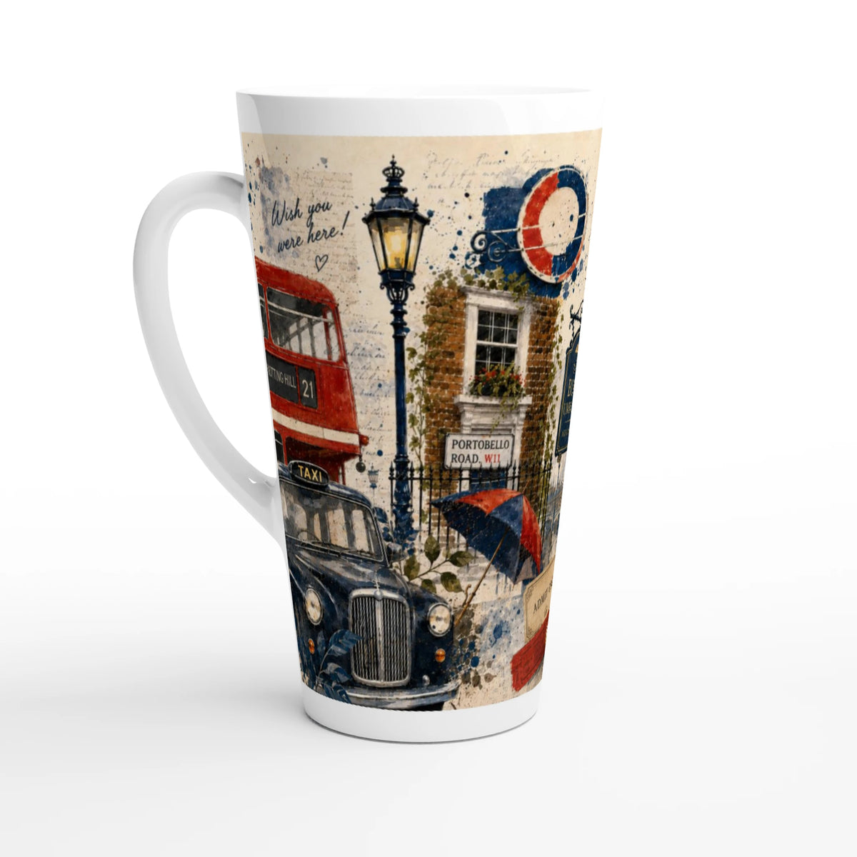 London Latte Tasse mit Portobello Road Schild, Underground Symbol und traditionellen britischen Details
