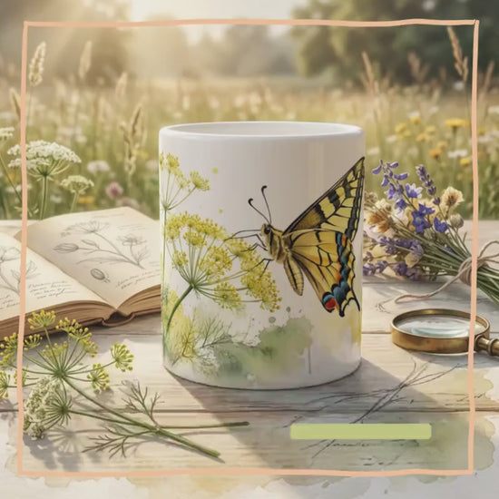Botanische Tasse mit Schmetterling, gelben Blütendolden und ruhigem weißem Hintergrund.
