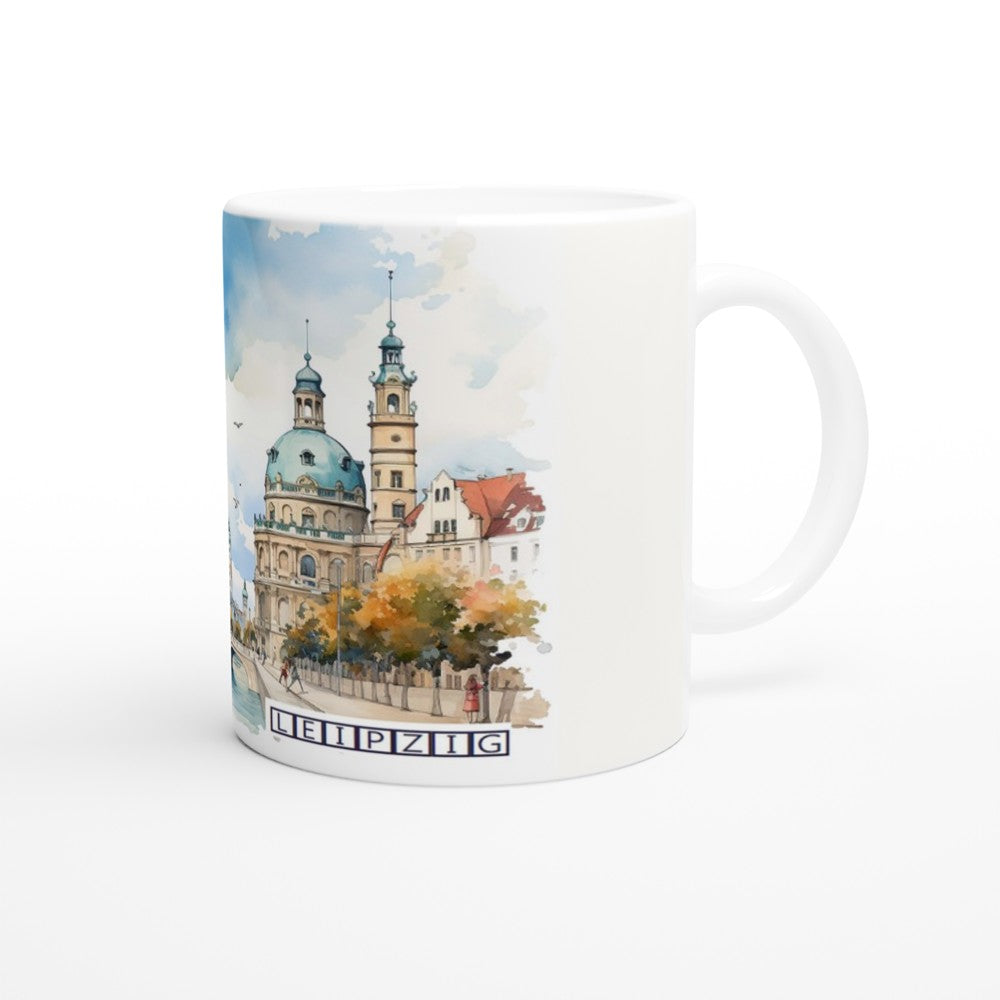 Leipzig Kaffeetasse mit ehemaligem Reichsgerichtsgebäude und ruhiger Aquarelllandschaft