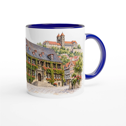Quedlinburg Keramiktasse mit historischem Altstadtmotiv als Geschenkidee fuer Harzliebhaber, Heimatverbundene, Reisende und Freunde malerischer Fachwerkstaedte