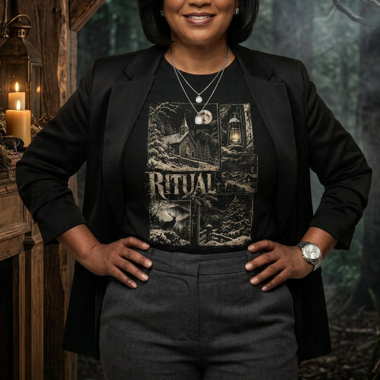 Person trägt das schwarze Gothic-T-Shirt mit mystischer Winterillustration zu einem dunklen Blazer und grauer Stoffhose. Die Kombination mit Schmuck und der stimmungsvoll dunklen Umgebung unterstreicht den alternativen Dark-Academia-Charakter des Ritual-Motivs.