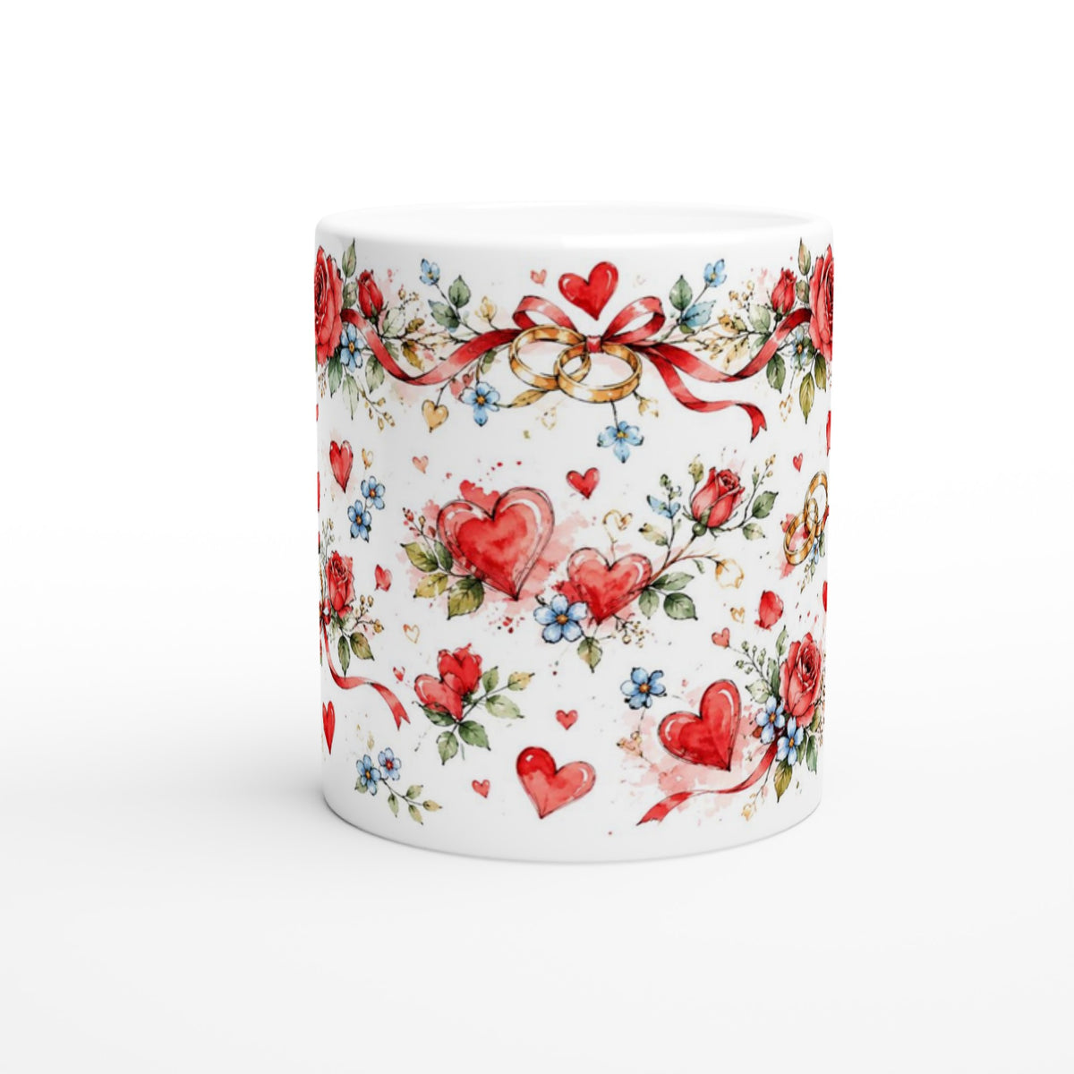 Hochzeitstasse mit roseninspiriertem Aquarellmotiv, Ringen und Herzen. Der Keramikbecher ist als Erinnerung an Hochzeit, Jahrestag oder gemeinsames Glück gestaltet.