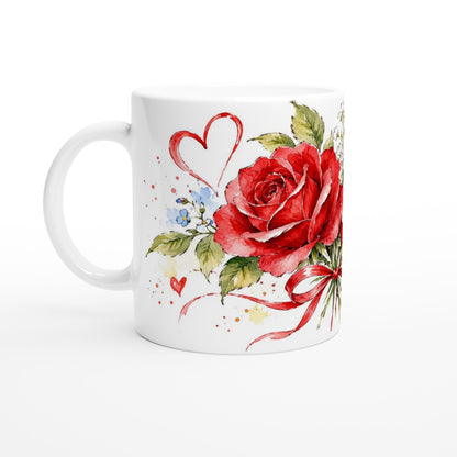 Romantische 330-ml-Tasse mit roten Rosen und Herzen als Liebesgeschenk. Das florale Aquarellmotiv eignet sich für besondere Menschen und kleine Aufmerksamkeiten.