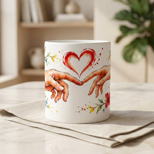 Romantische Tasse aus Keramik, 330 ml, mit Aquarellillustration von zwei Händen und einem roten Herzen.