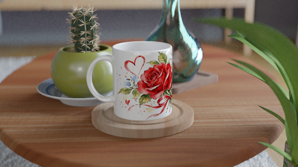 Rote Rosen und Herzen als romantisches Aquarellmotiv für eine Keramiktasse. Die Gestaltung erinnert an einen Blumenstrauß und eignet sich als Geschenk zum Jahrestag.