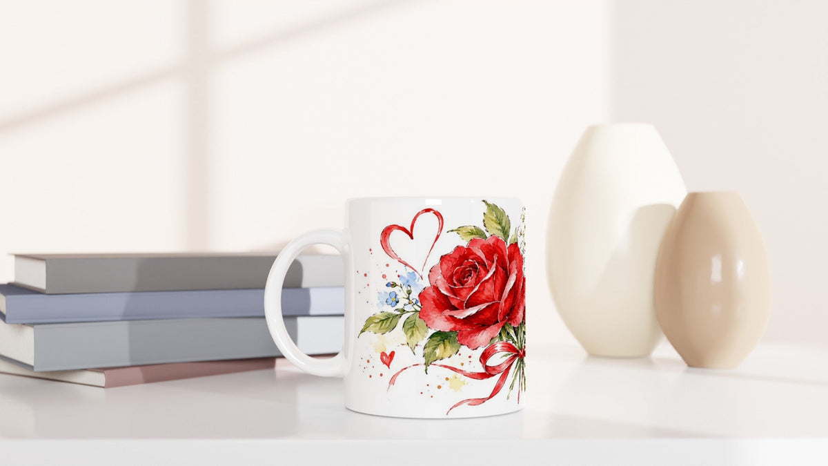 Weiße Rosentasse mit etwa 330 ml Fassungsvermögen und dekorativer Aquarellillustration aus roten Rosen und Herzen. Eine Geschenkidee für Verliebte und Blumenfreunde.