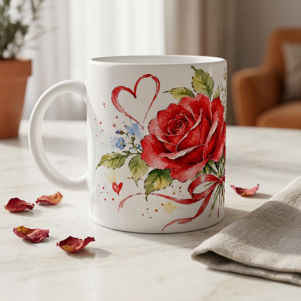 Rosentasse 330 ml aus weißer Keramik mit roten Rosen und Herzen in zarter Aquarelloptik. Romantisches Tassenmotiv als Geschenk zum Valentinstag oder Jahrestag.