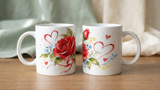 Keramiktasse mit roten Rosen und Herzmotiven im Aquarellstil. Das florale Design verbindet klassische Rosenromantik mit einer leichten, liebevollen Gestaltung.