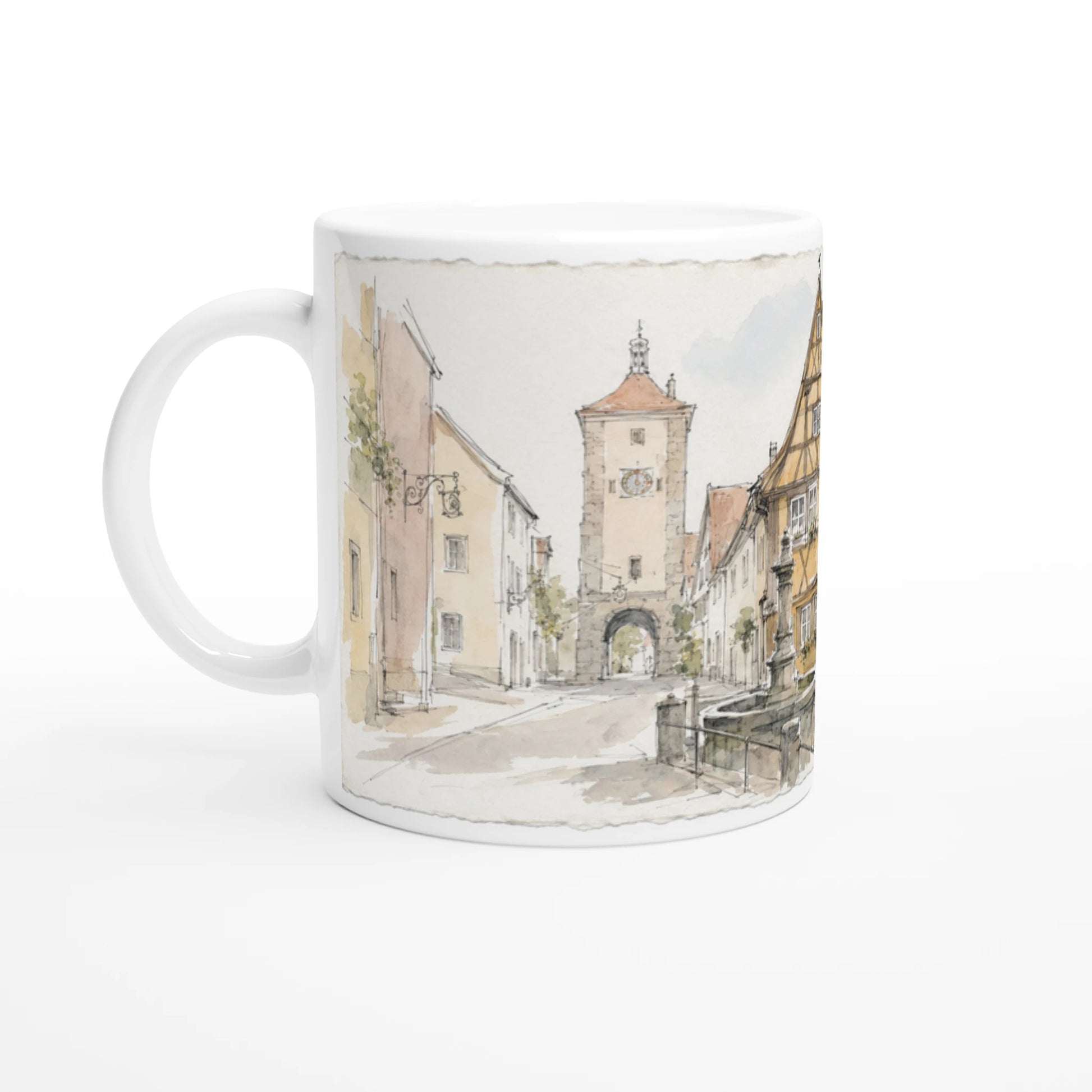 Rothenburg ob der Tauber Tasse 330 ml mit dem berühmten Plönlein, gelbem Fachwerkhaus und historischen Tortürmen im Aquarellstil