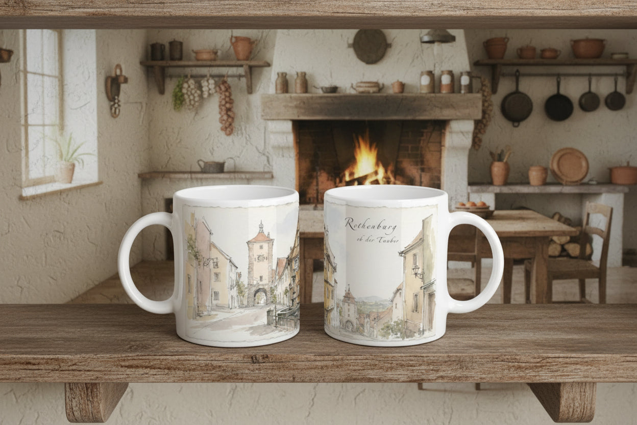 Weiße Keramiktasse mit verwinkelten Altstadtgassen und historischen Tortürmen von Rothenburg ob der Tauber