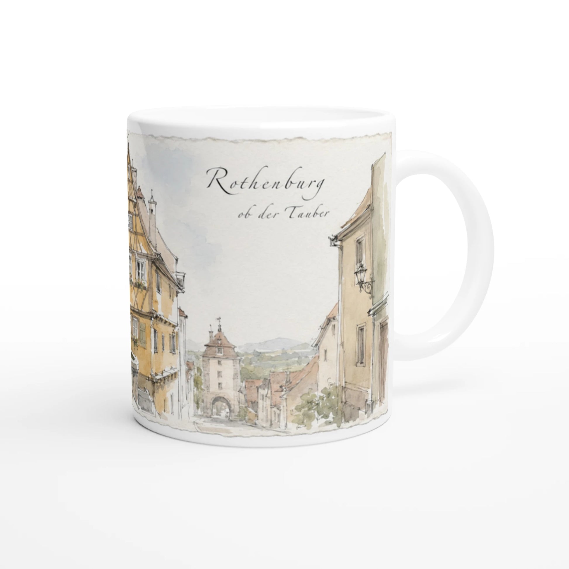 Aquarellierte Fachwerkarchitektur von Rothenburg ob der Tauber mit warmen Ockerfarben und feiner Tuschezeichnung
