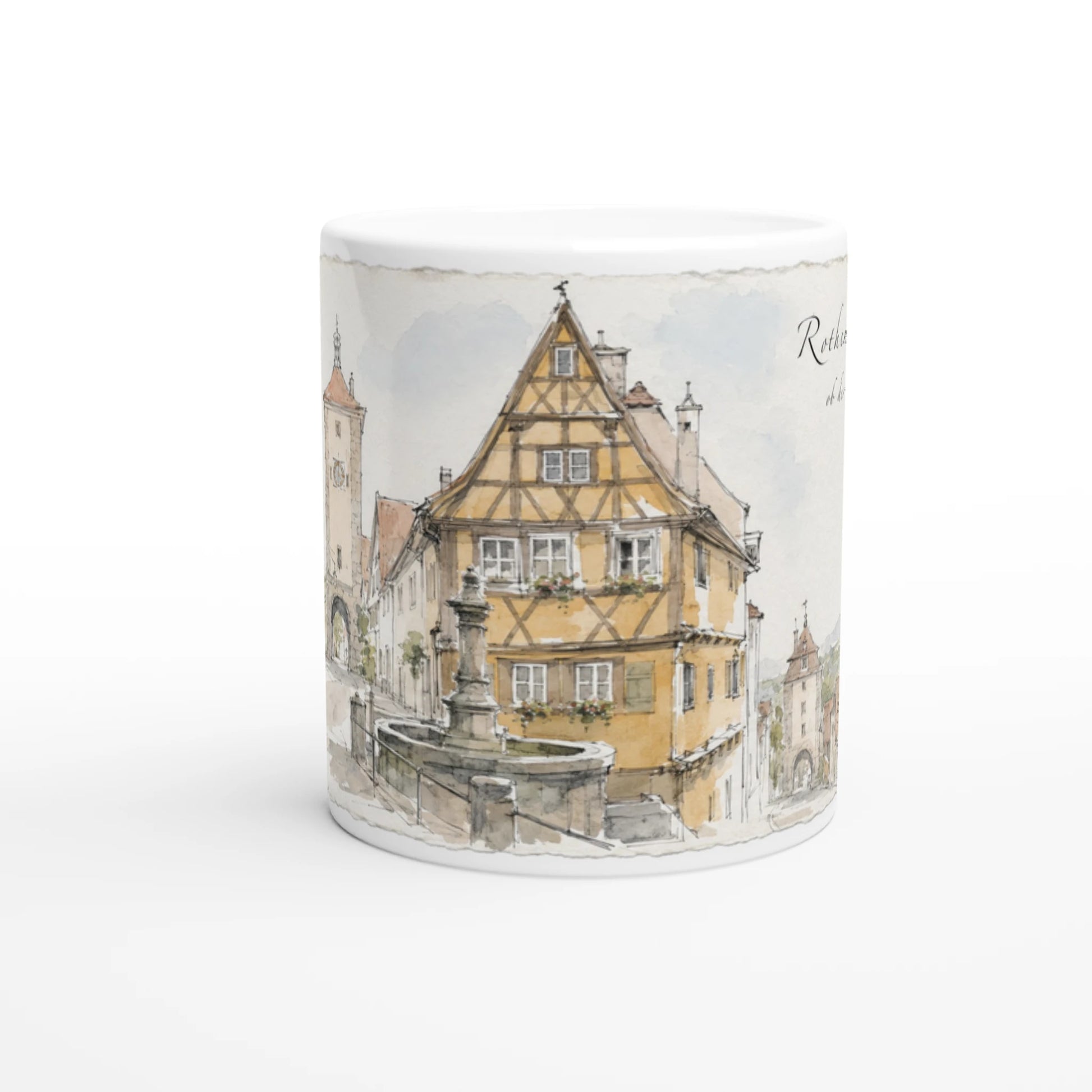 Detailansicht der Rothenburg Tasse mit gelbem Fachwerkhaus, steilem Dach und blumengeschmückten Fenstern am Plönlein