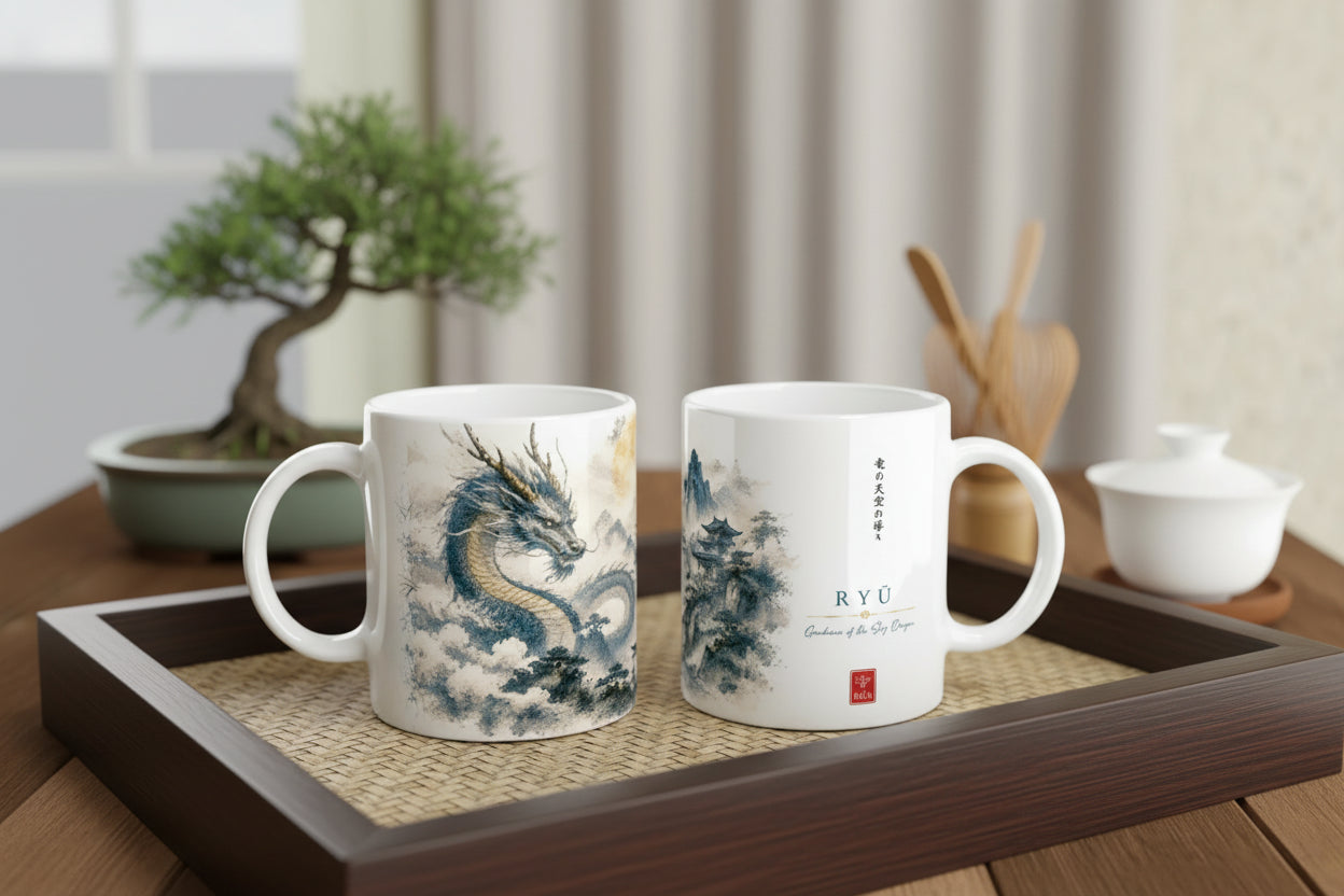 Japanisches Aquarell Design mit Drache, Torii und traditioneller Landschaft