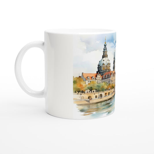 Weiße Tasse mit Dresden Stadtmotiv und Blick auf Frauenkirche und Elblandschaft als Reiseerinnerung