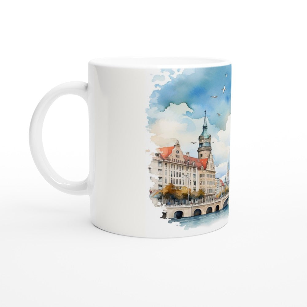 Sachsen Tasse mit Leipzig Architektur und heller aquarellierter Stadtlandschaft