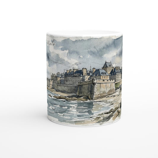 Saint-Malo Tasse 330 ml mit historischer Altstadt, mächtiger Stadtmauer und bretonischer Atlantikküste im Aquarellstil