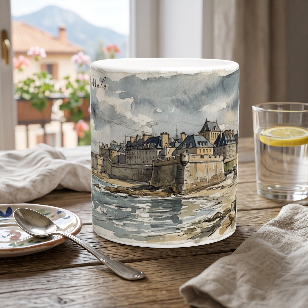 Saint-Malo Küstenmotiv mit Atlantikwasser, Felsen und den historischen Befestigungsanlagen der bretonischen Hafenstadt