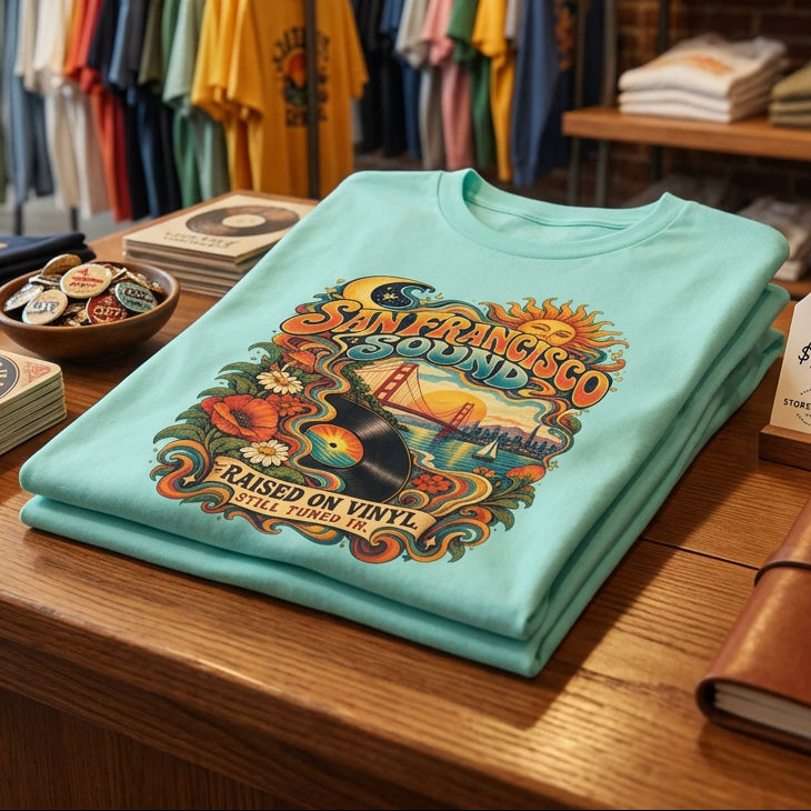 San Francisco T-Shirt mit Golden Gate Bridge und Vinyl-Schallplatte im Retro-Look der 1970er-Jahre. Unisex-Shirt mit kalifornisch inspiriertem Motiv für Musikfans und Liebhaber der Westküste.
