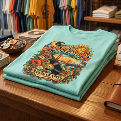 San Francisco T-Shirt mit Golden Gate Bridge und Vinyl-Schallplatte im Retro-Look der 1970er-Jahre. Unisex-Shirt mit kalifornisch inspiriertem Motiv für Musikfans und Liebhaber der Westküste.
