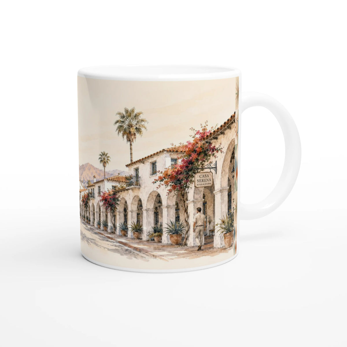 Santa Barbara California Tasse 0,33 l mit hellem Aquarellmotiv aus kalifornischer Küstenlandschaft, Palmen, Bergen und Stadtansicht sowie dem Schriftzug SANTA BARBARA California