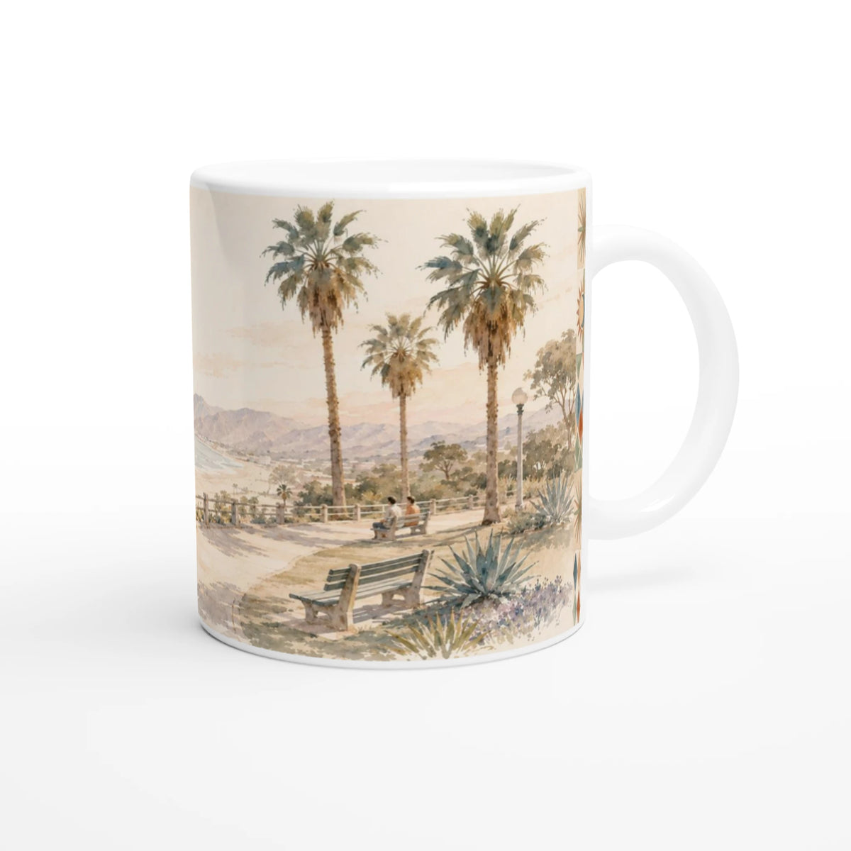 Santa Monica California Tasse 0,33 l mit hellem Aquarellmotiv der Pazifikküste, Strand, Küstenbergen, Blüten und dem Schriftzug SANTA MONICA California