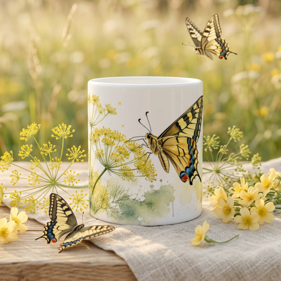 Weiße Keramiktasse mit botanischer Aquarellillustration eines Schwalbenschwanzes zwischen gelben Dillblüten.
