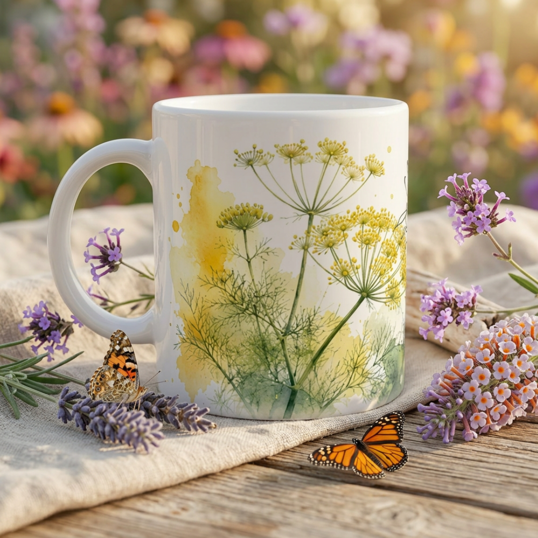 Keramiktasse mit gelb-schwarzem Schwalbenschwanz, Dillblüten und weichen Aquarellflächen.
