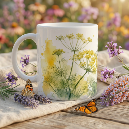 Keramiktasse mit gelb-schwarzem Schwalbenschwanz, Dillblüten und weichen Aquarellflächen.
