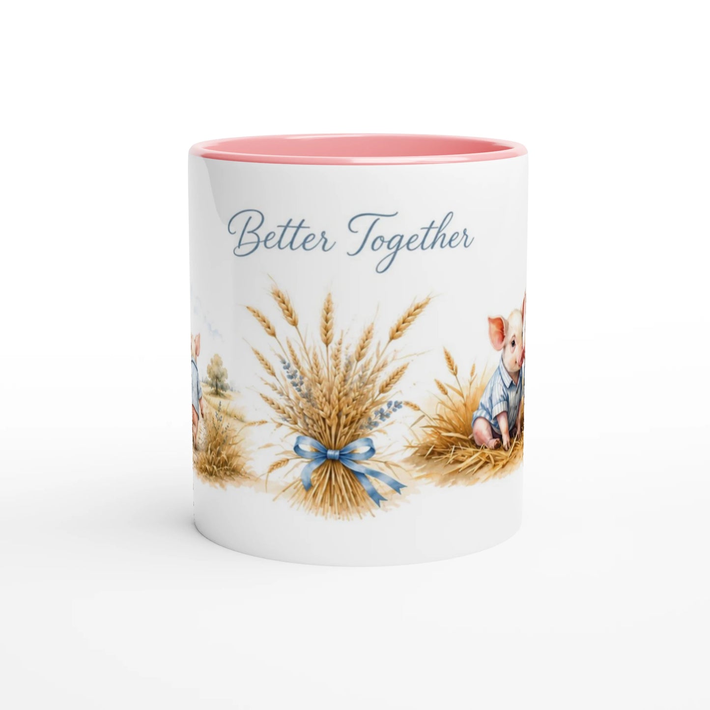 Zwei Seitenansichten der rosa Schweinchen Tasse 330 ml mit rosa Henkel, rosa Innenfarbe und zwei Ferkelmotiven