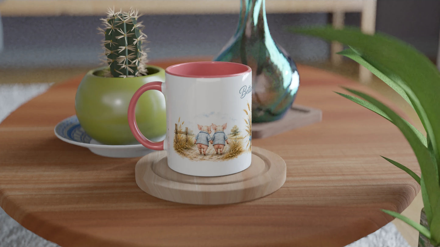 Schweinchen Tasse mit Better Together Schriftzug und zwei liebevoll gestalteten Ferkelmotiven auf beiden Tassenseiten