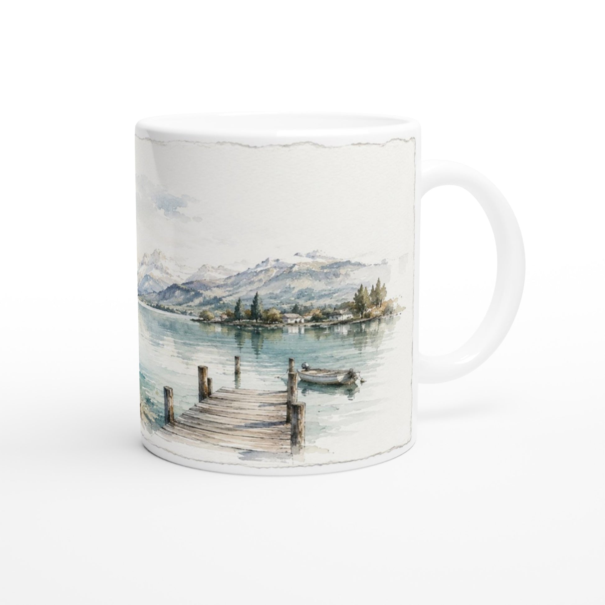 Frankreich Tasse mit See Landschaft, Holzsteg und feinem Fine-Art-Aquarell.