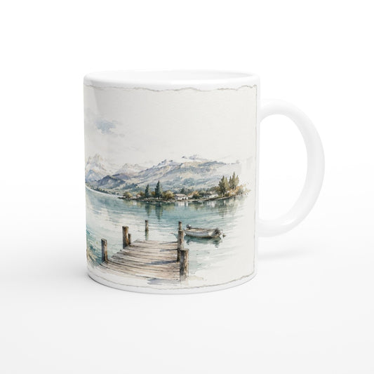 Frankreich Tasse mit See Landschaft, Holzsteg und feinem Fine-Art-Aquarell.